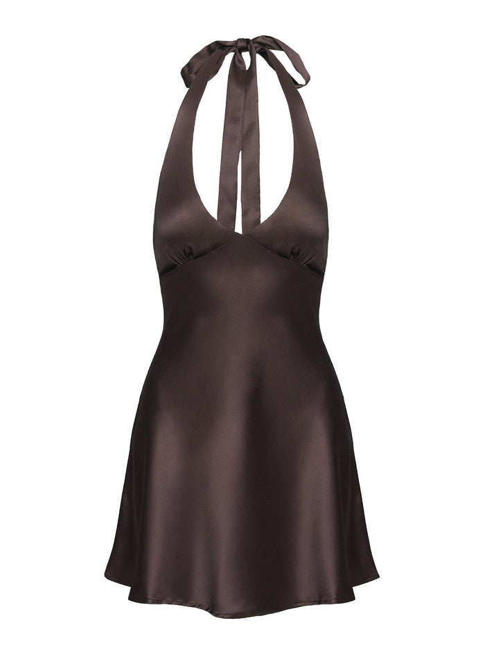 side view of model wearing Princess Polly Pelagia Halter Scarf Tie Mini Dress Brown Plunger