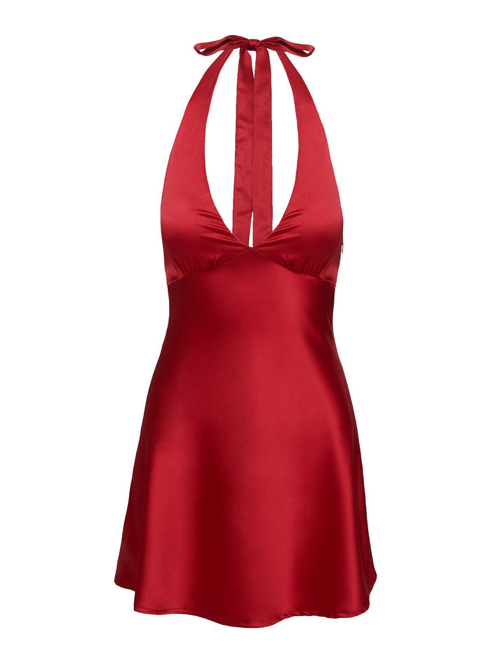 back view of model wearing Princess Polly Pelagia Halter Scarf Tie Mini Dress Red Plunger