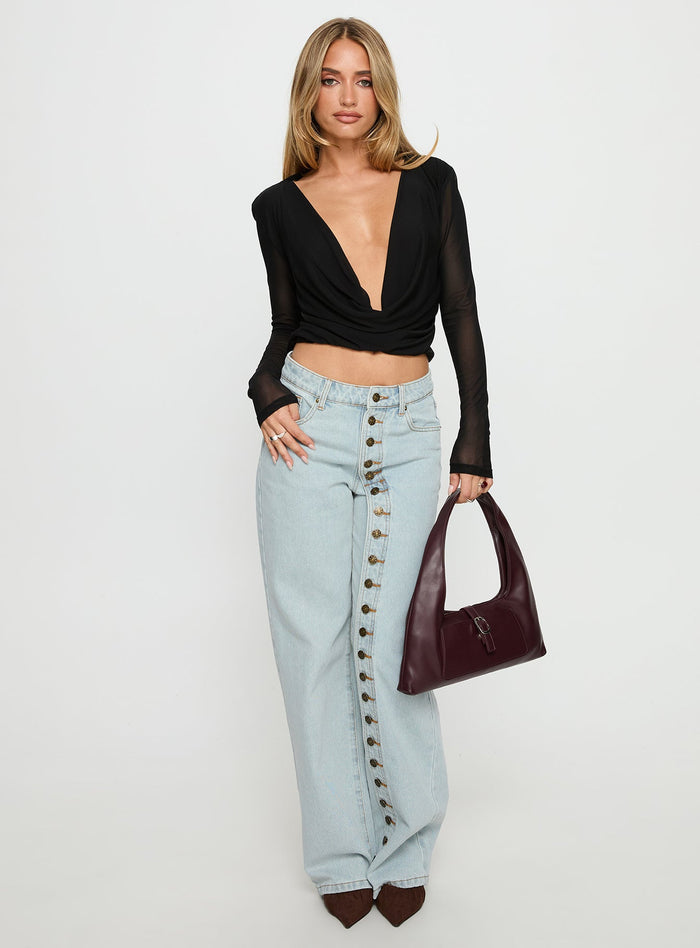 front view of model wearing Princess Polly Penny Mid Rise Straight Leg Jeans Light Denim Low Rise Jeans