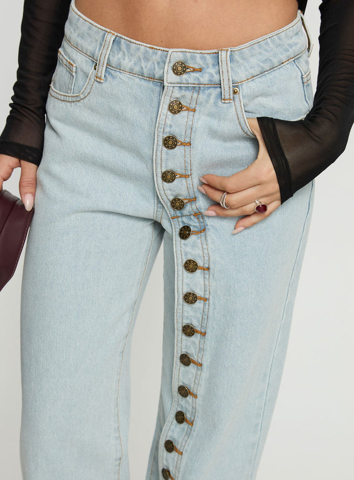 front view of model wearing Princess Polly Penny Mid Rise Straight Leg Jeans Light Denim Low Rise Jeans