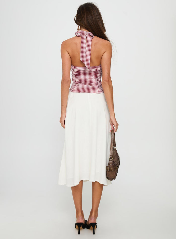 back view of model wearing Princess Polly Persuasion Tie Side Midi Skirt White Midi Skirts