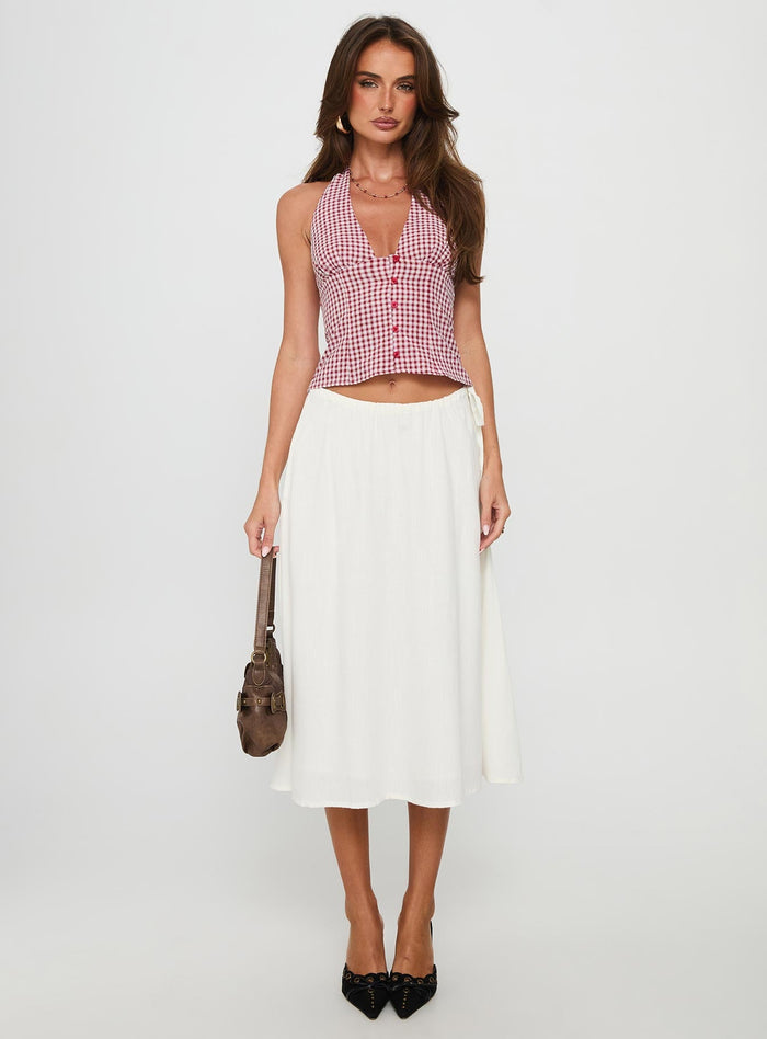 front view of model wearing Princess Polly Persuasion Tie Side Midi Skirt White Midi Skirts