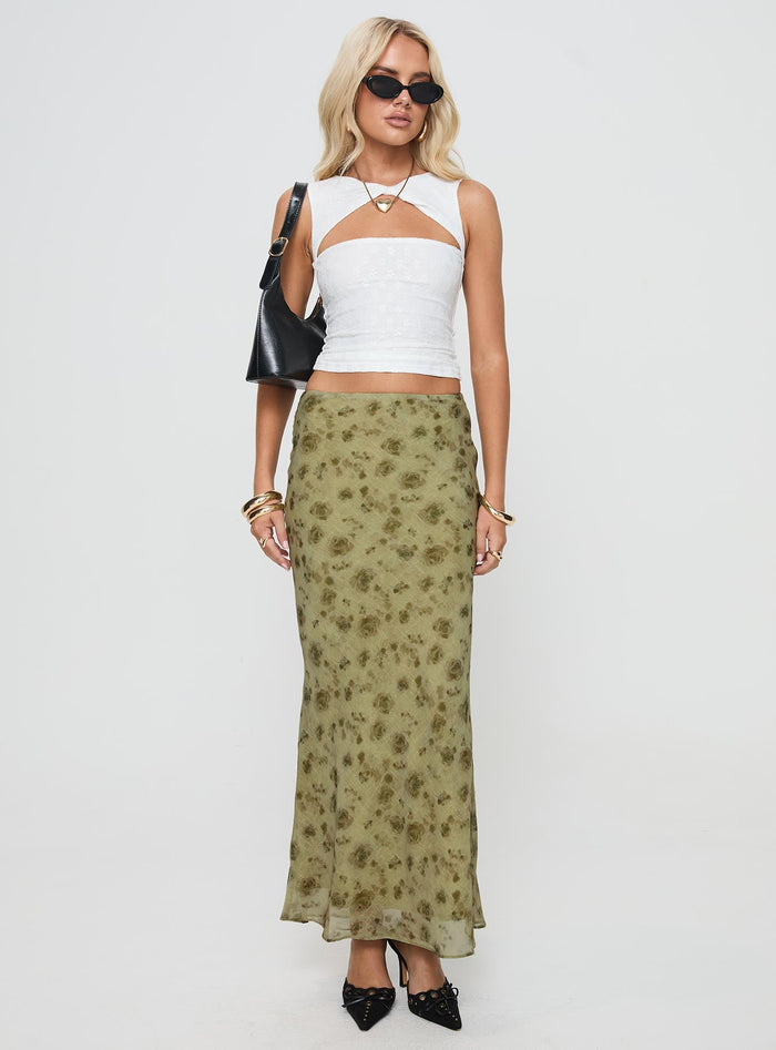 front view of model wearing Princess Polly Piazia Maxi Skirt Green Maxi