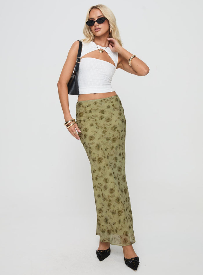front view of model wearing Princess Polly Piazia Maxi Skirt Green Maxi