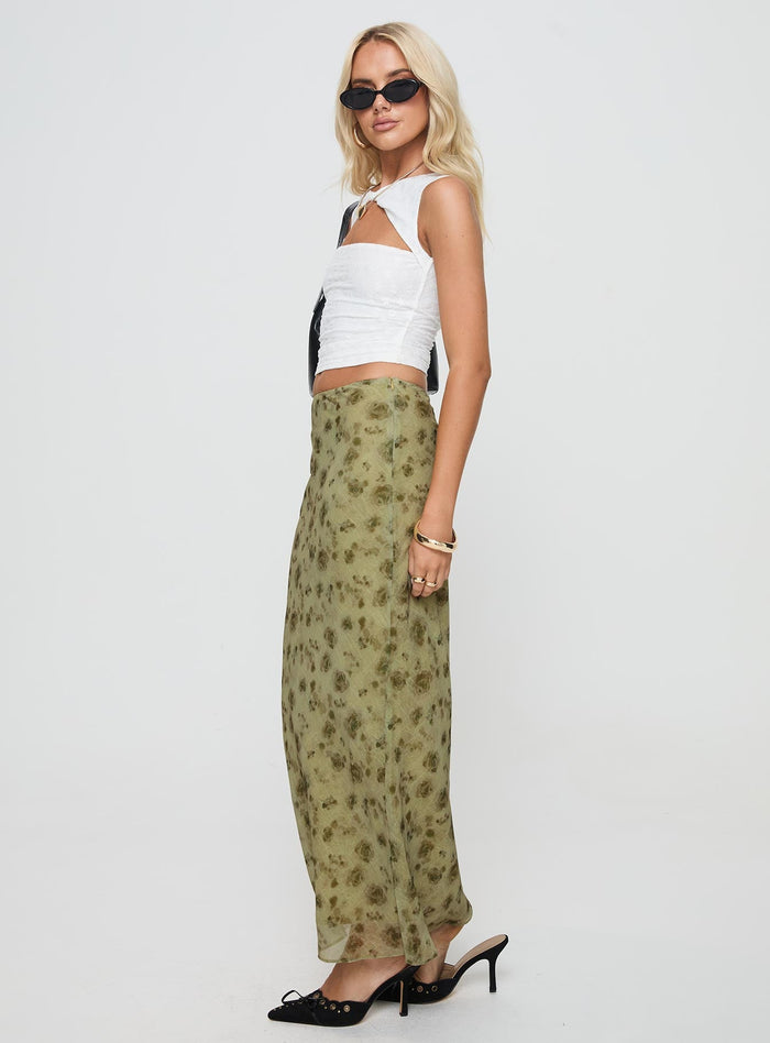side view of model wearing Princess Polly Piazia Maxi Skirt Green Maxi
