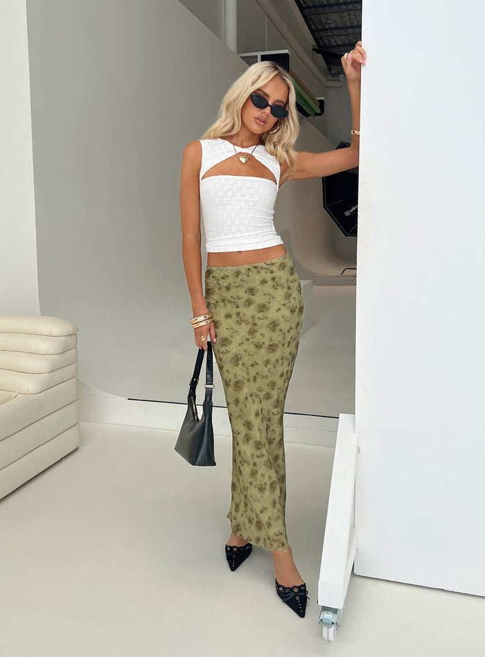 back view of model wearing Princess Polly Piazia Maxi Skirt Green Maxi