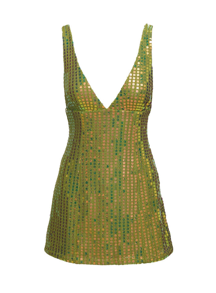 back view of model wearing Princess Polly Porscha Shimmer Mini Dress Green Plunger