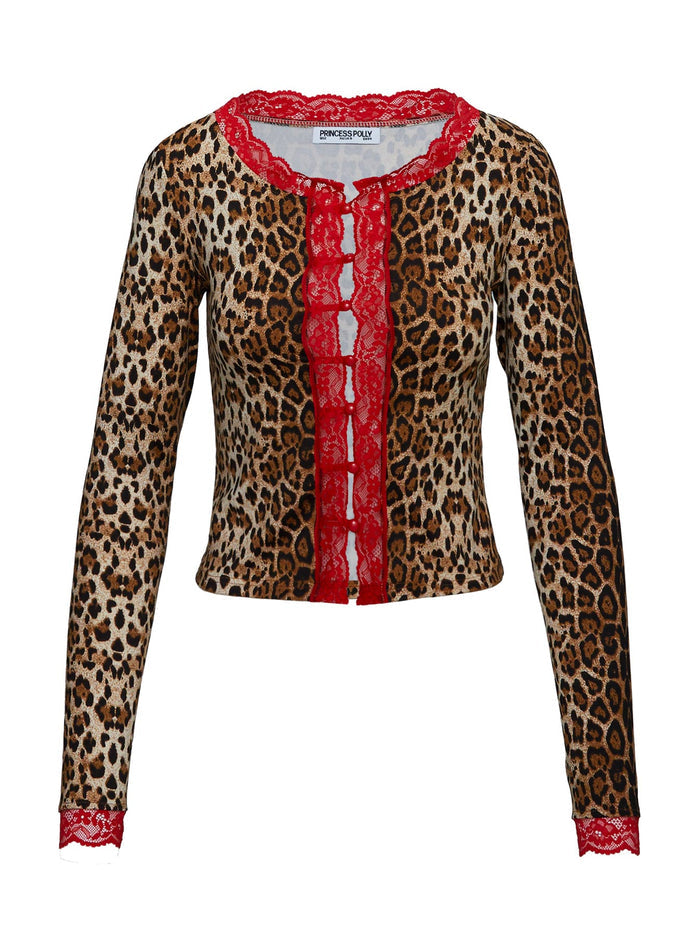 back view of model wearing Princess Polly Pour It Up Long Sleeve Button Detail Top Leopard Full Sleeves Crew Neck