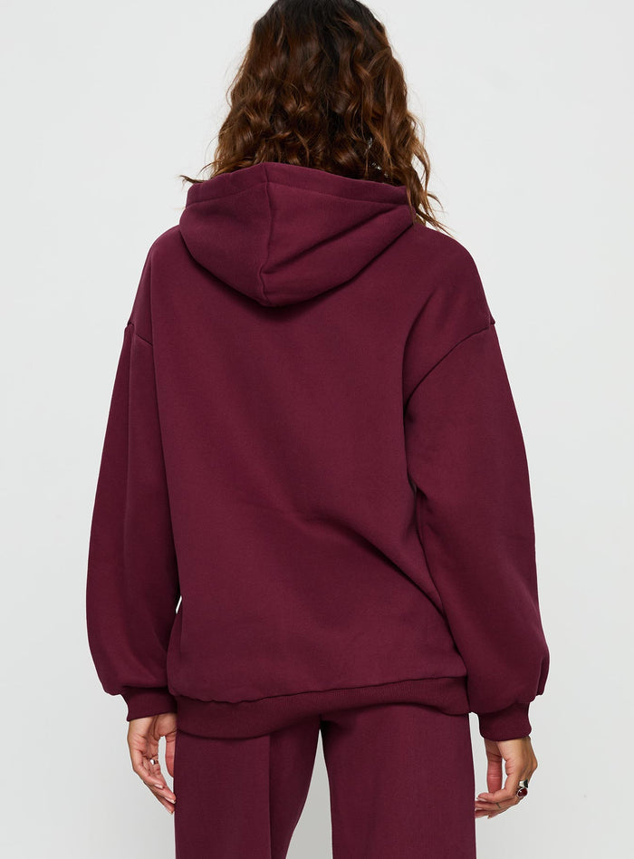 back view of model wearing Princess Polly Princess Polly Stargirl Zip Through Jumper Burgundy