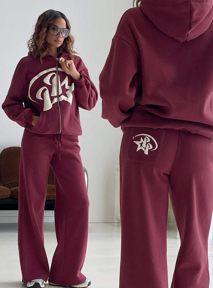 back view of model wearing Princess Polly Princess Polly Stargirl Zip Through Jumper Burgundy