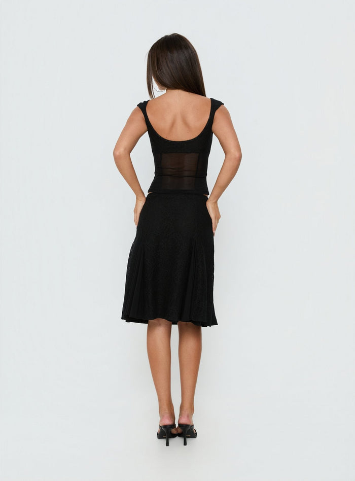 Presenting the Quani Lace Midi Skirt Black womens-skirts with fitted aline silhouette and midi length back view of model wearing Princess Polly