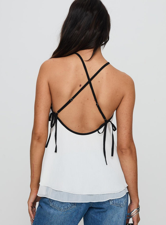 back view of model wearing Princess Polly Rafaella Halter Top Cream Sleeveless Asymmetric Neckline