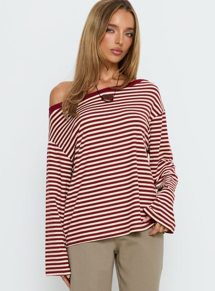 back view of model wearing Princess Polly Ralyssa Off Shoulder Long Sleeve Top Red Stripe Longline Jumpers Jumpers