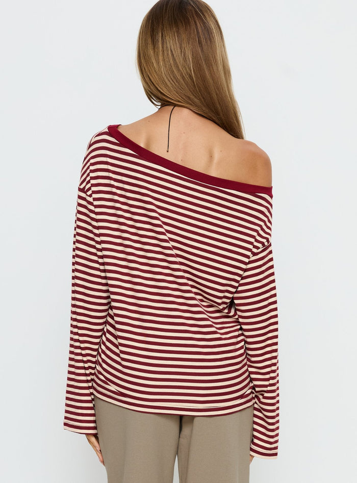 back view of model wearing Princess Polly Ralyssa Off Shoulder Long Sleeve Top Red Stripe Longline Jumpers Jumpers