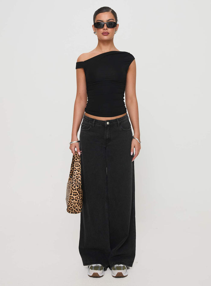 front view of model wearing Princess Polly Ramos Low Rise Denim Jeans Washed Black Mid Rise