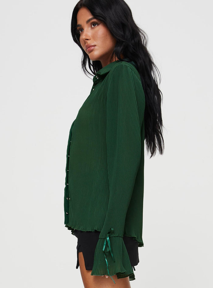 side view of model wearing Princess Polly Ravil Shirt Forest Green Full Sleeves V-Neck