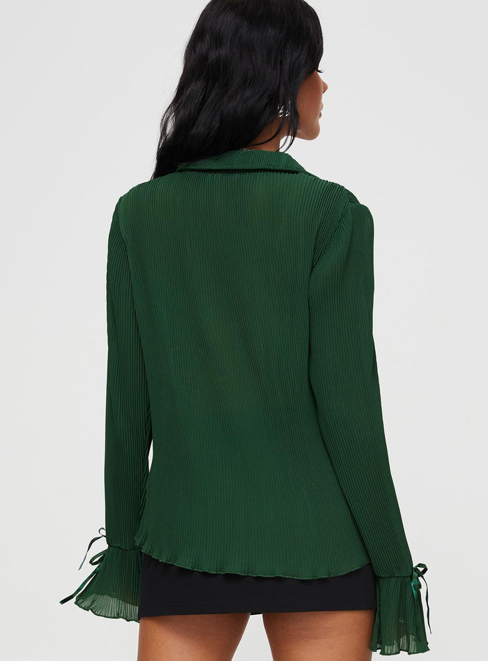 back view of model wearing Princess Polly Ravil Shirt Forest Green Full Sleeves V-Neck