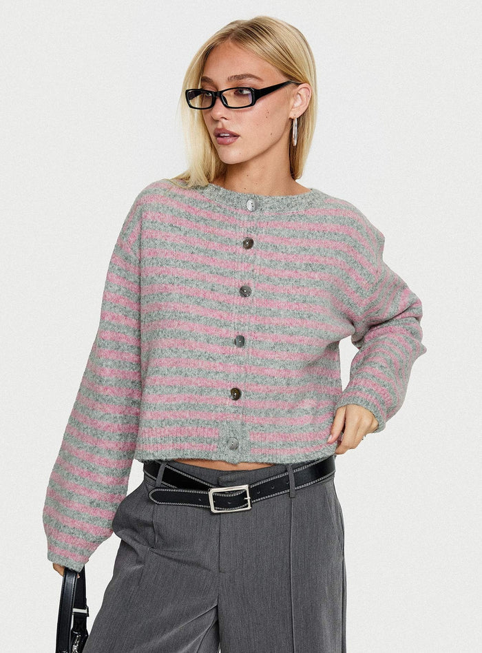 front view of model wearing Princess Polly Raynna Button Up Cardigan Pink / Grey Stripe Cropped Jumpers Jumpers