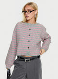 front view of model wearing Princess Polly Raynna Button Up Cardigan Pink / Grey Stripe Cropped Jumpers Jumpers