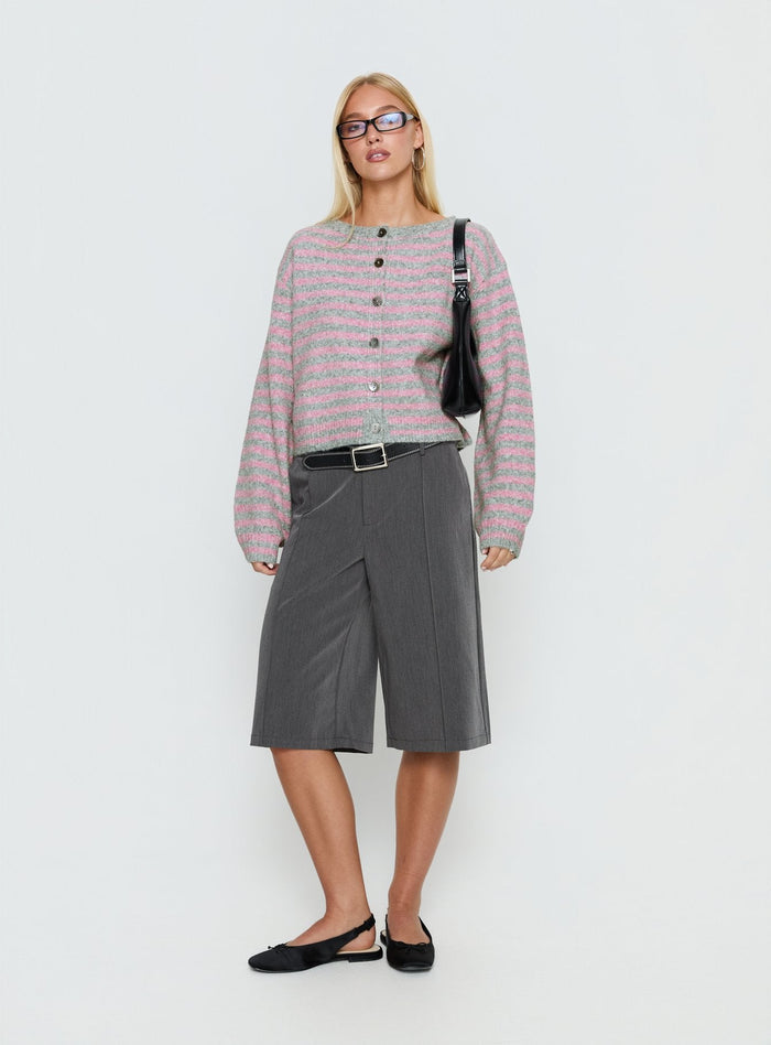 side view of model wearing Princess Polly Raynna Button Up Cardigan Pink / Grey Stripe Cropped Jumpers Jumpers