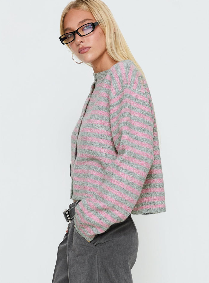 side view of model wearing Princess Polly Raynna Button Up Cardigan Pink / Grey Stripe Cropped Jumpers Jumpers