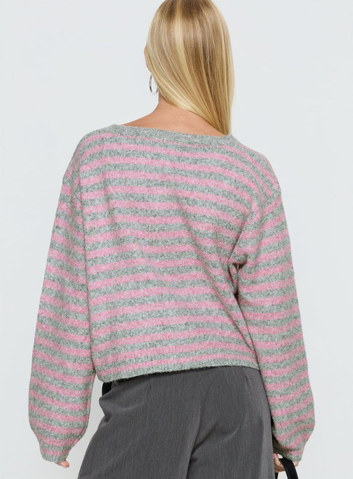 back view of model wearing Princess Polly Raynna Button Up Cardigan Pink / Grey Stripe Cropped Jumpers Jumpers