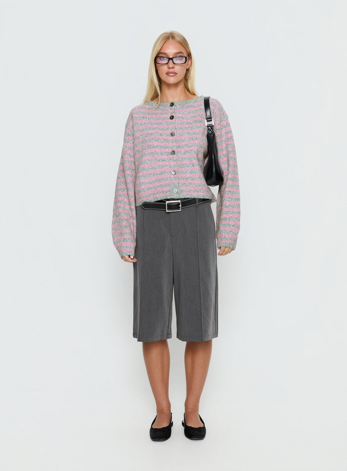 back view of model wearing Princess Polly Raynna Button Up Cardigan Pink / Grey Stripe Cropped Jumpers Jumpers