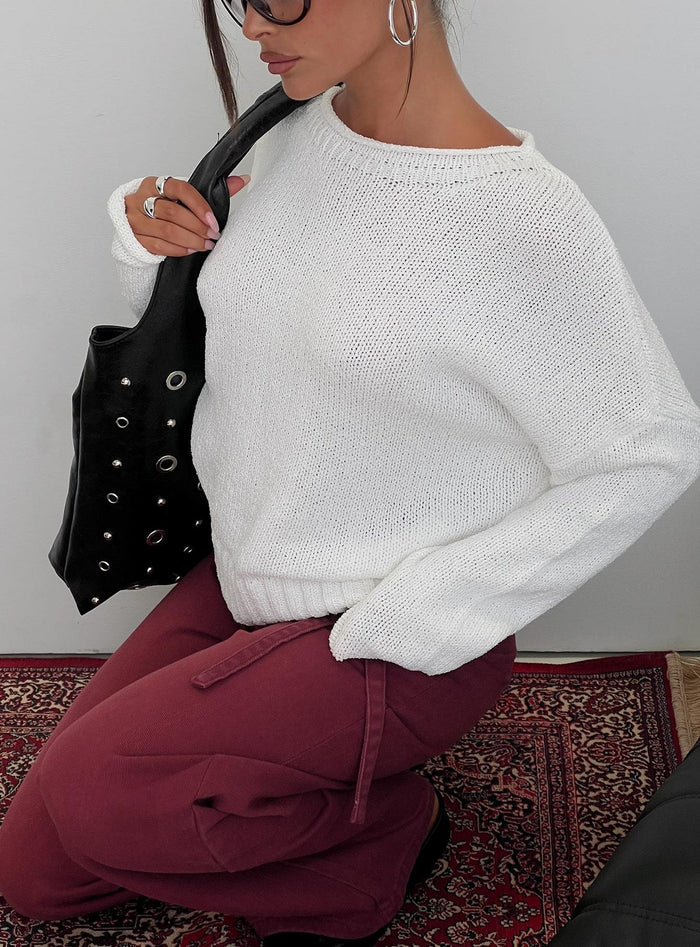 side view of model wearing Princess Polly Reannon Wide Neck Knit Sweater White