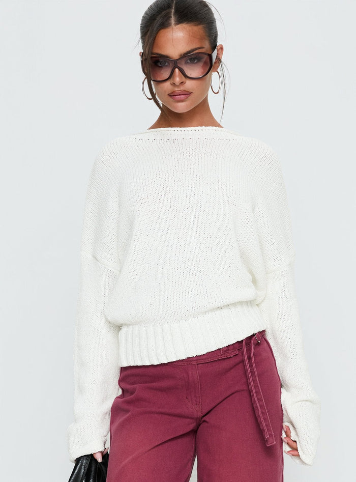 front view of model wearing Princess Polly Reannon Wide Neck Knit Sweater White