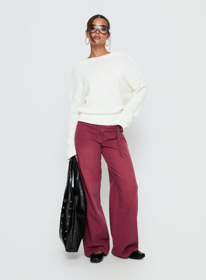 front view of model wearing Princess Polly Reannon Wide Neck Knit Sweater White