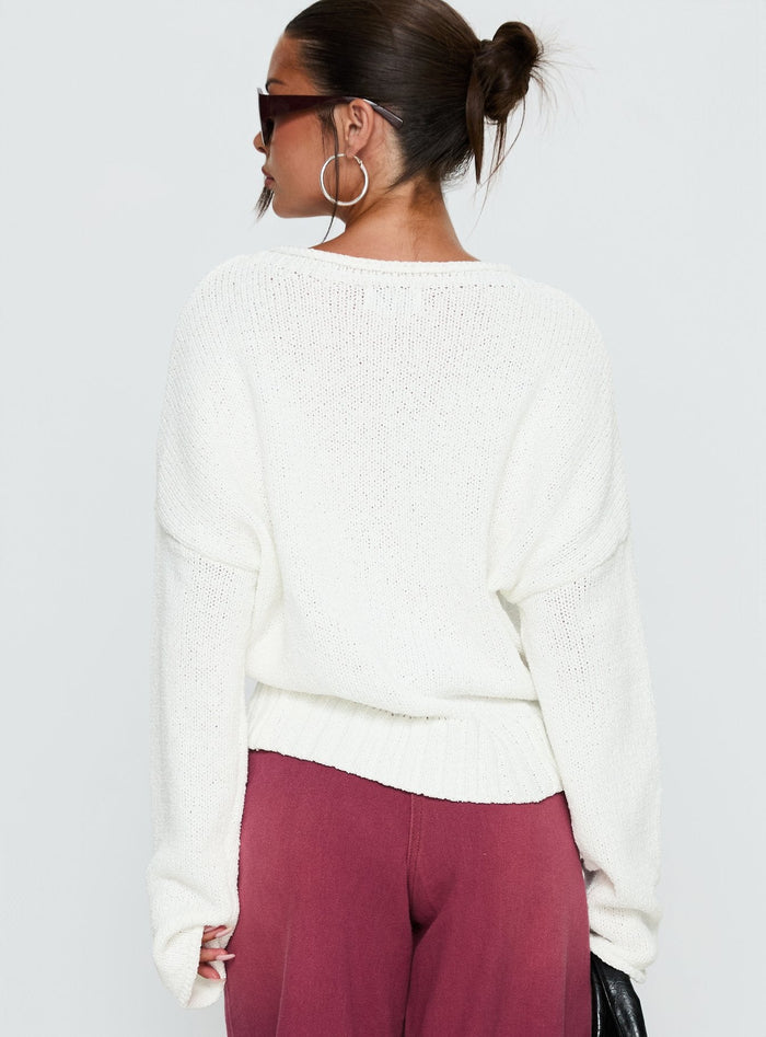 back view of model wearing Princess Polly Reannon Wide Neck Knit Sweater White
