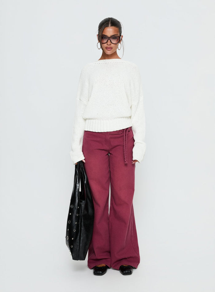 front view of model wearing Princess Polly Reannon Wide Neck Knit Sweater White