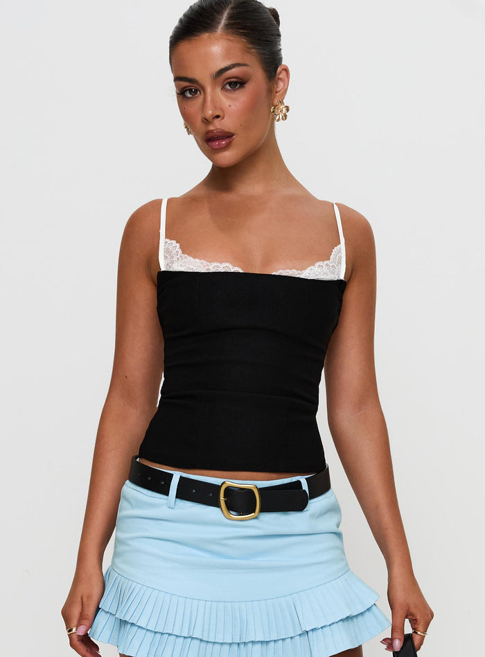 front view of model wearing Princess Polly Renaissance Corset Lace Top Black / White Sleeveless Scoop Neck