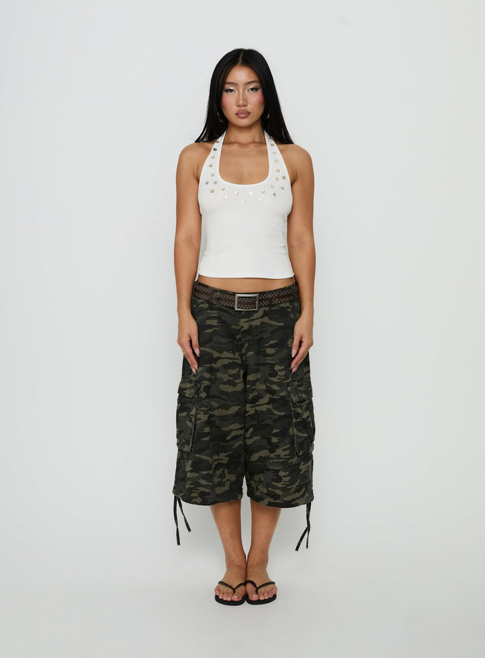 Renara Halter Ribbed Button Top White