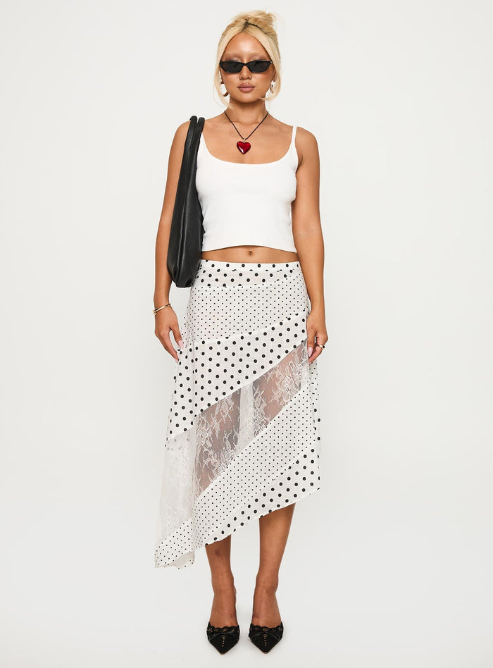 front view of model wearing Princess Polly Rennar Maxi Skirt White / Polka Dot Petite Midi Skirts