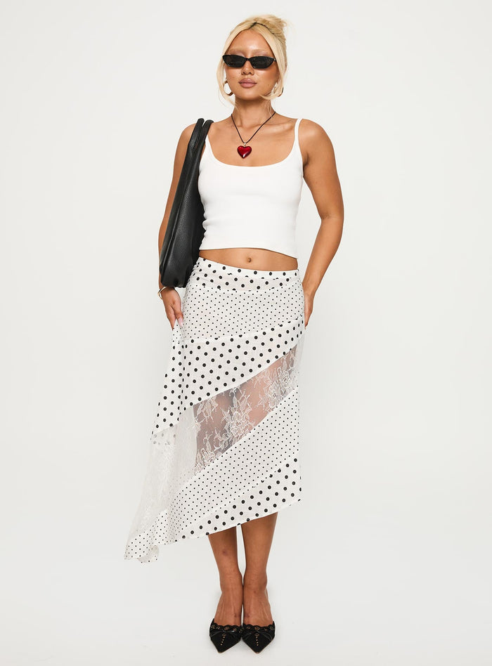 front view of model wearing Princess Polly Rennar Maxi Skirt White / Polka Dot Petite Midi Skirts