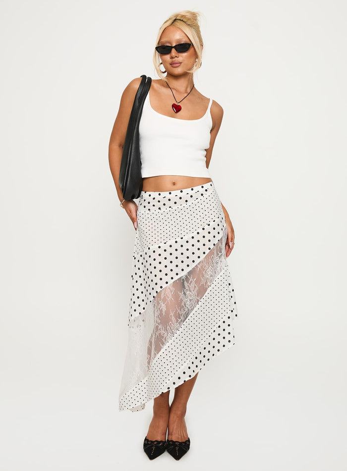 front view of model wearing Princess Polly Rennar Maxi Skirt White / Polka Dot Petite Midi Skirts