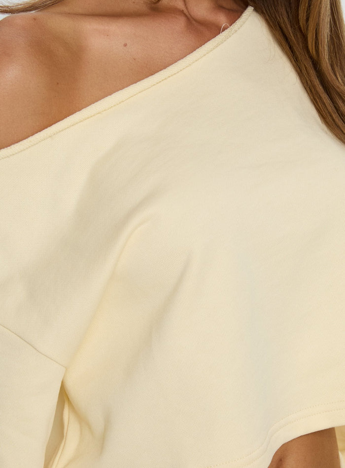 product Princess Polly Retreat Raw Edge Off Shoulder Jumper Buttercream cropped