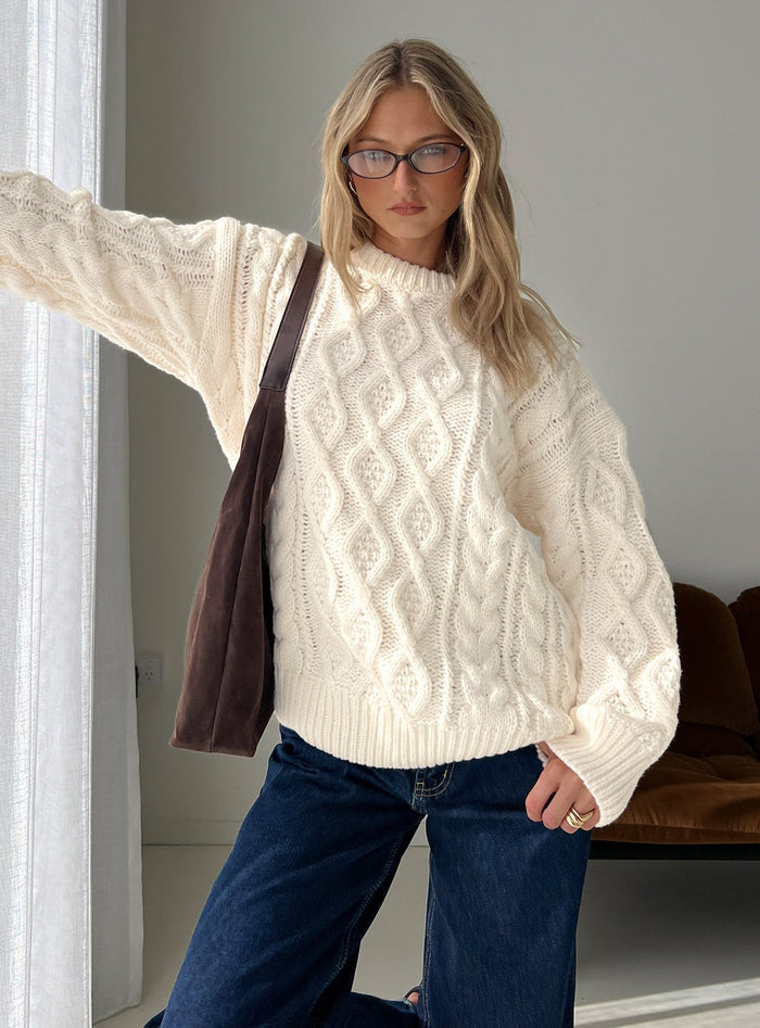 front view of model wearing Princess Polly Rorey Cable Knit Crew Neck Sweater White Longline Jumpers