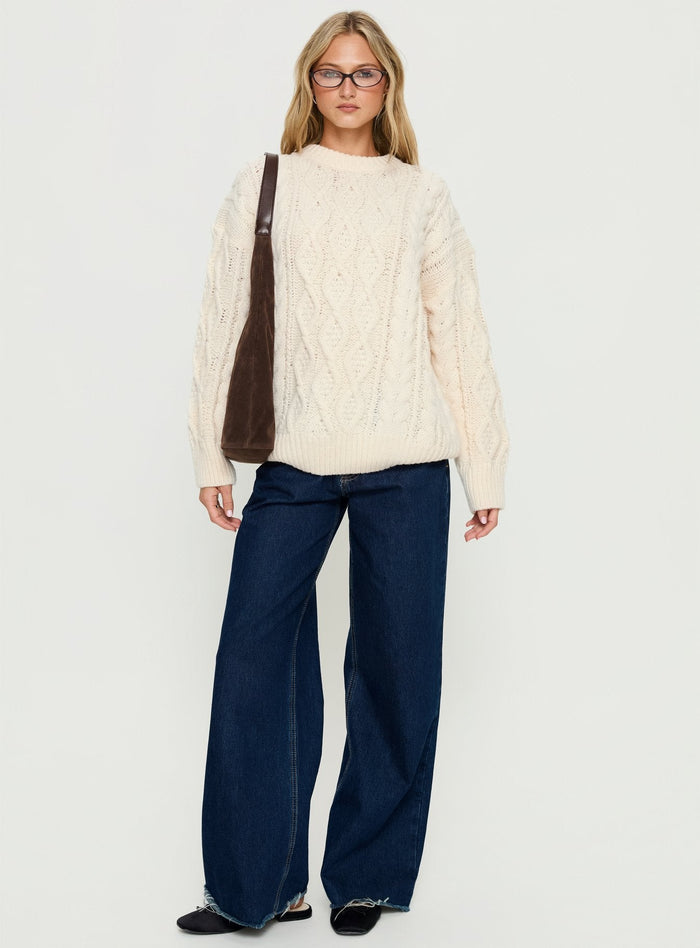 front view of model wearing Princess Polly Rorey Cable Knit Crew Neck Sweater White Longline Jumpers