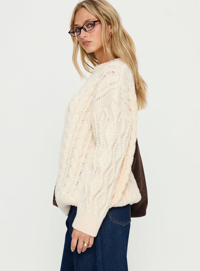 side view of model wearing Princess Polly Rorey Cable Knit Crew Neck Sweater White Longline Jumpers