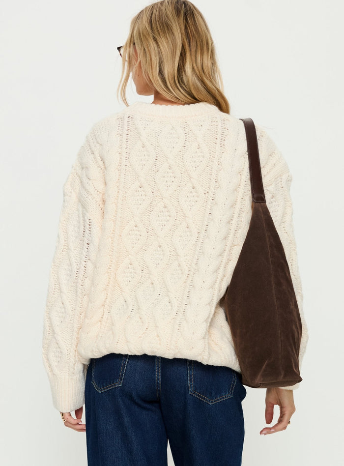 back view of model wearing Princess Polly Rorey Cable Knit Crew Neck Sweater White Longline Jumpers