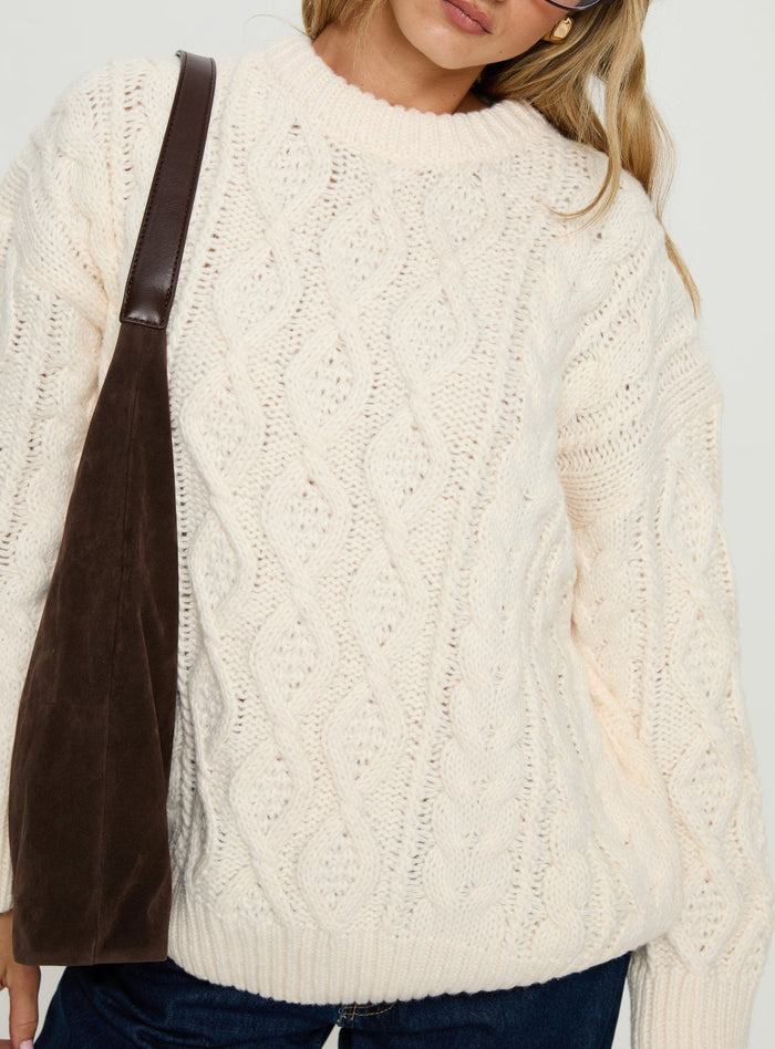 back view of model wearing Princess Polly Rorey Cable Knit Crew Neck Sweater White Longline Jumpers