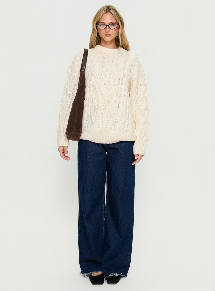 back view of model wearing Princess Polly Rorey Cable Knit Crew Neck Sweater White Longline Jumpers