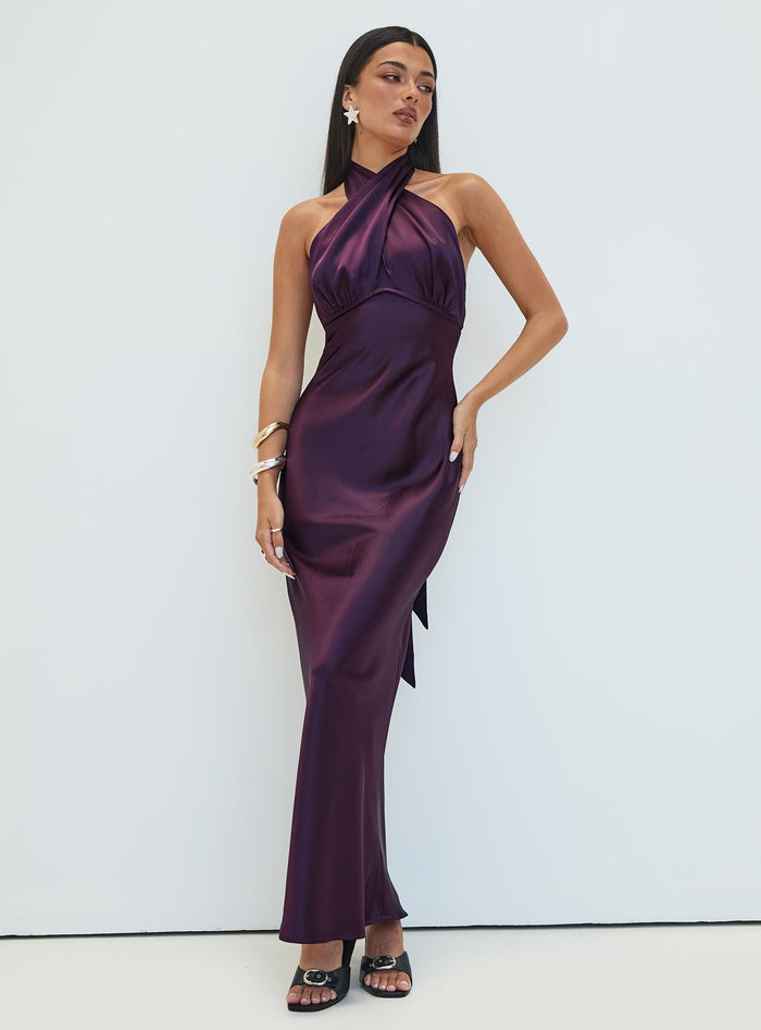 front view of model wearing Princess Polly Rosaminta Halter Maxi Dress Plum High Neck