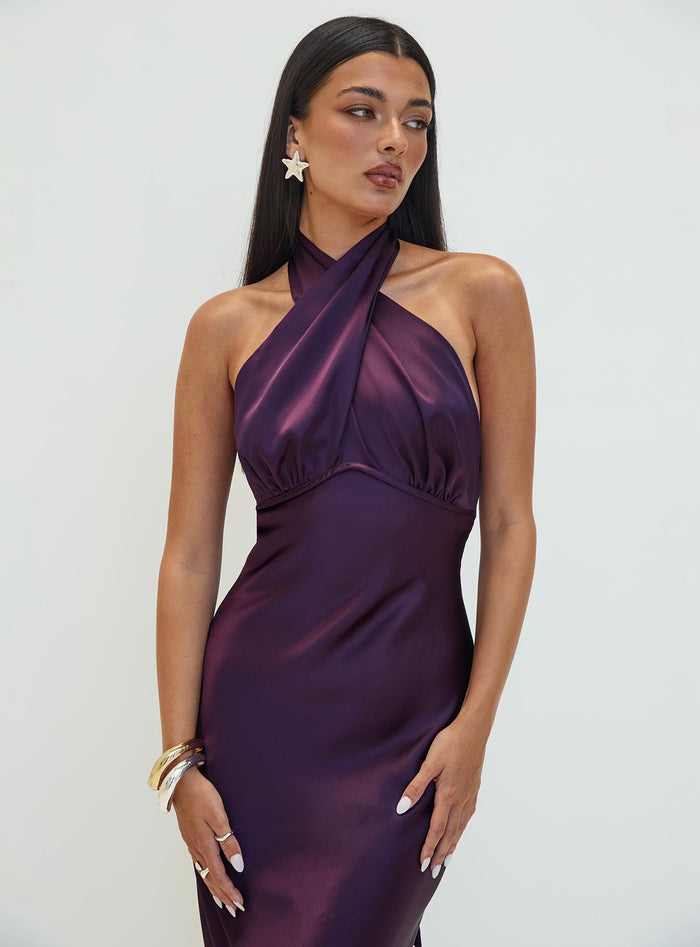 side view of model wearing Princess Polly Rosaminta Halter Maxi Dress Plum High Neck