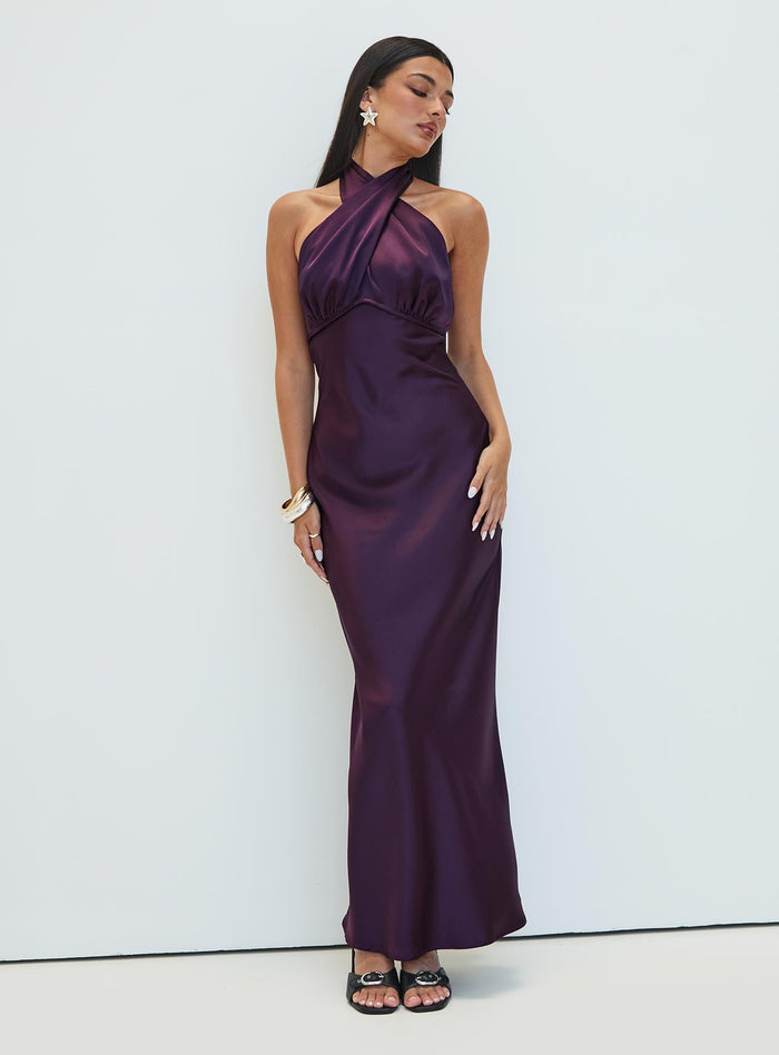 front view of model wearing Princess Polly Rosaminta Halter Maxi Dress Plum High Neck