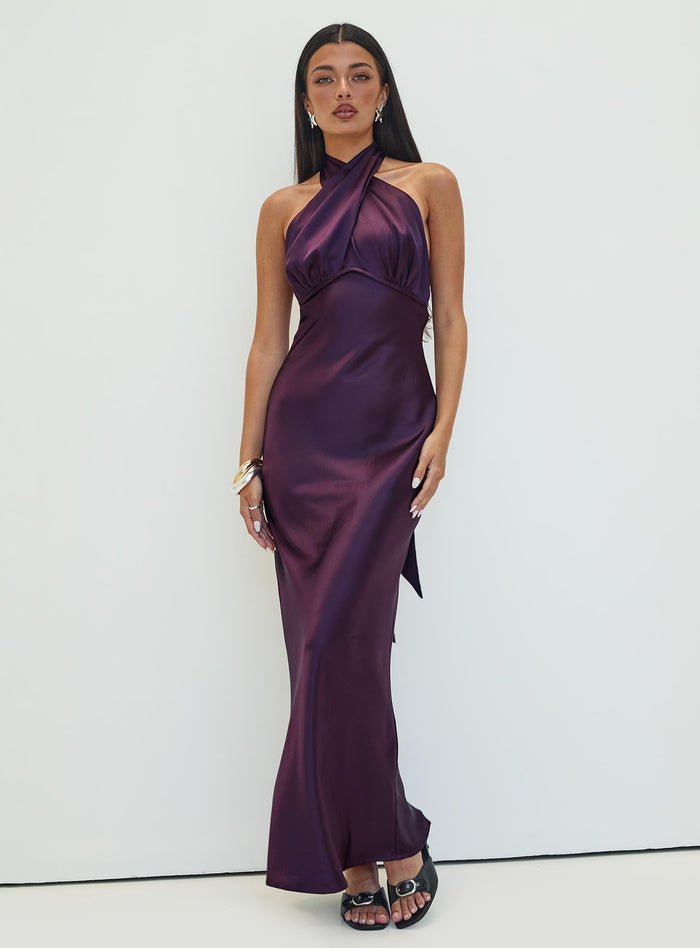side view of model wearing Princess Polly Rosaminta Halter Maxi Dress Plum High Neck