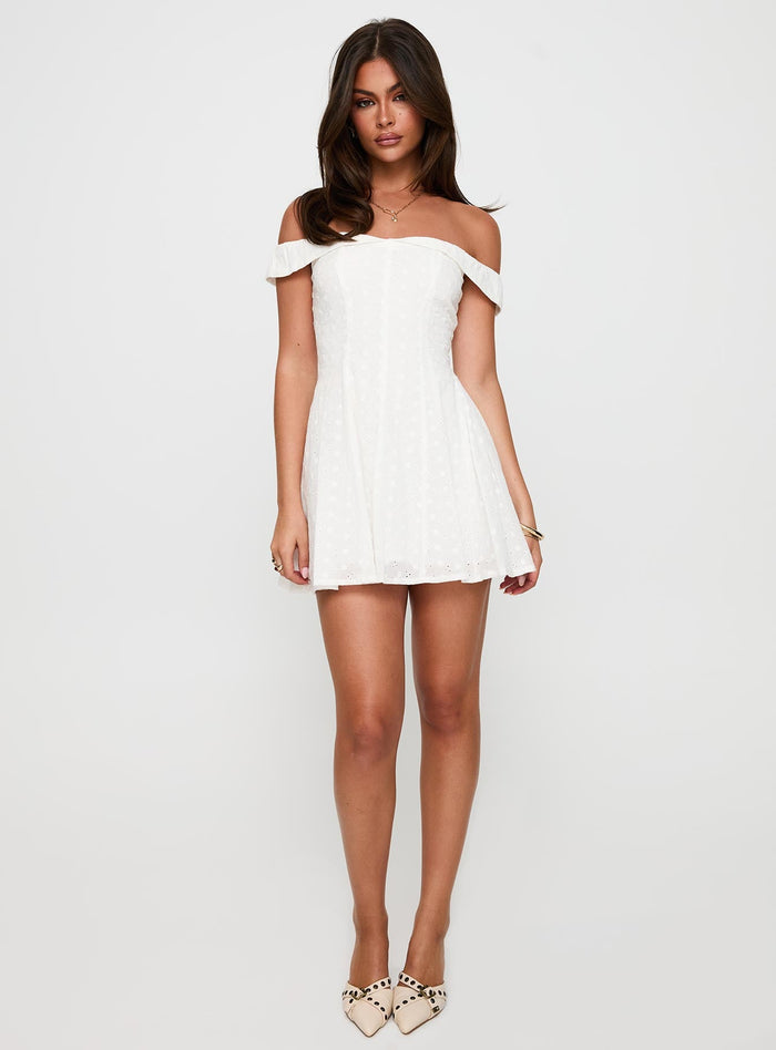 front view of model wearing Princess Polly Rosebud Broiderie Off The Shoulder Mini Dress White V-Neck