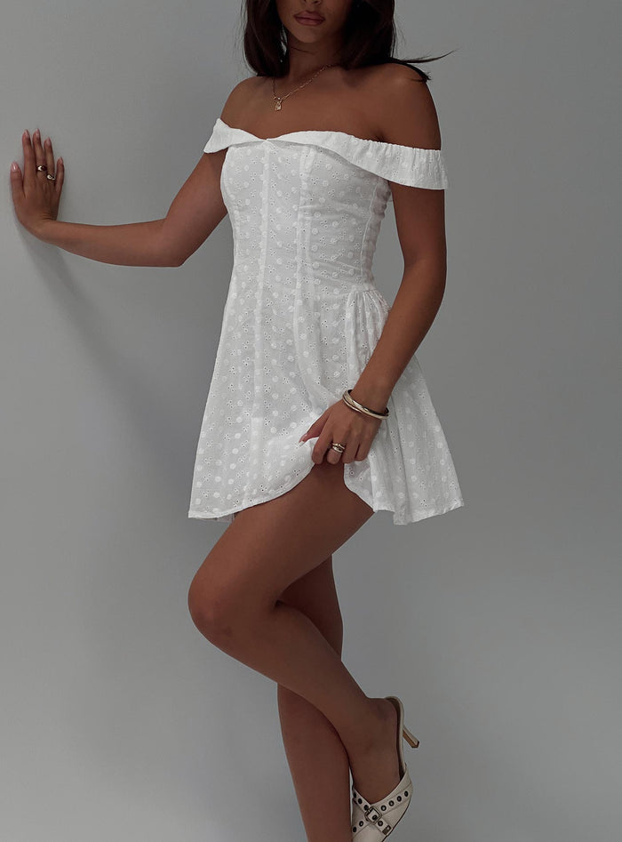 back view of model wearing Princess Polly Rosebud Broiderie Off The Shoulder Mini Dress White V-Neck